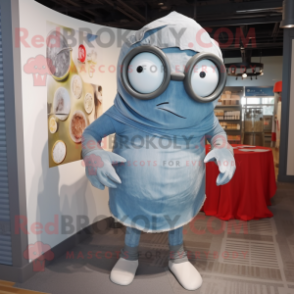 Silver Cyclops mascot costume character dressed with a Chambray Shirt and Headbands
