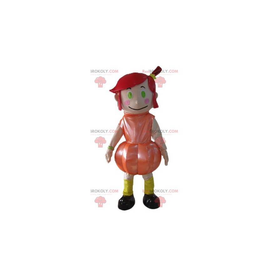 Maskot dívka s červenými vlasy s oranžovými šaty -