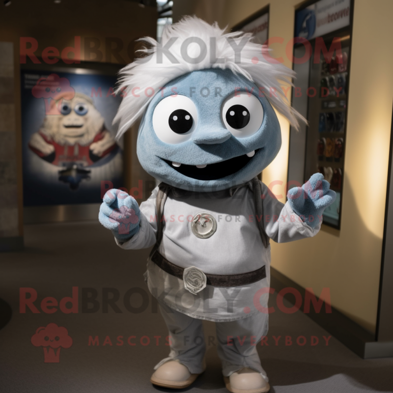 Silver Cyclops mascot costume character dressed with a Chambray Shirt and Headbands Silver Cyclops mascot costume character dressed with a Chambray Shirt and Headbands