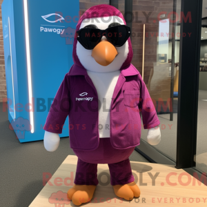 Maskotfigur af en magenta...
