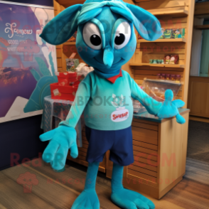 Teal Shrimp Scampi mascot costume character dressed with a Playsuit and Pocket squares