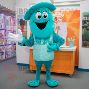 Teal Shrimp Scampi mascot costume character dressed with a Playsuit and Pocket squares