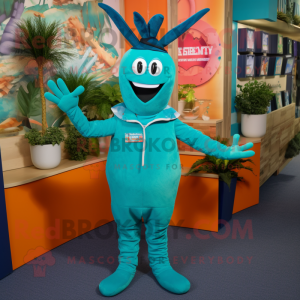 Teal Shrimp Scampi mascot costume character dressed with a Playsuit and Pocket squares