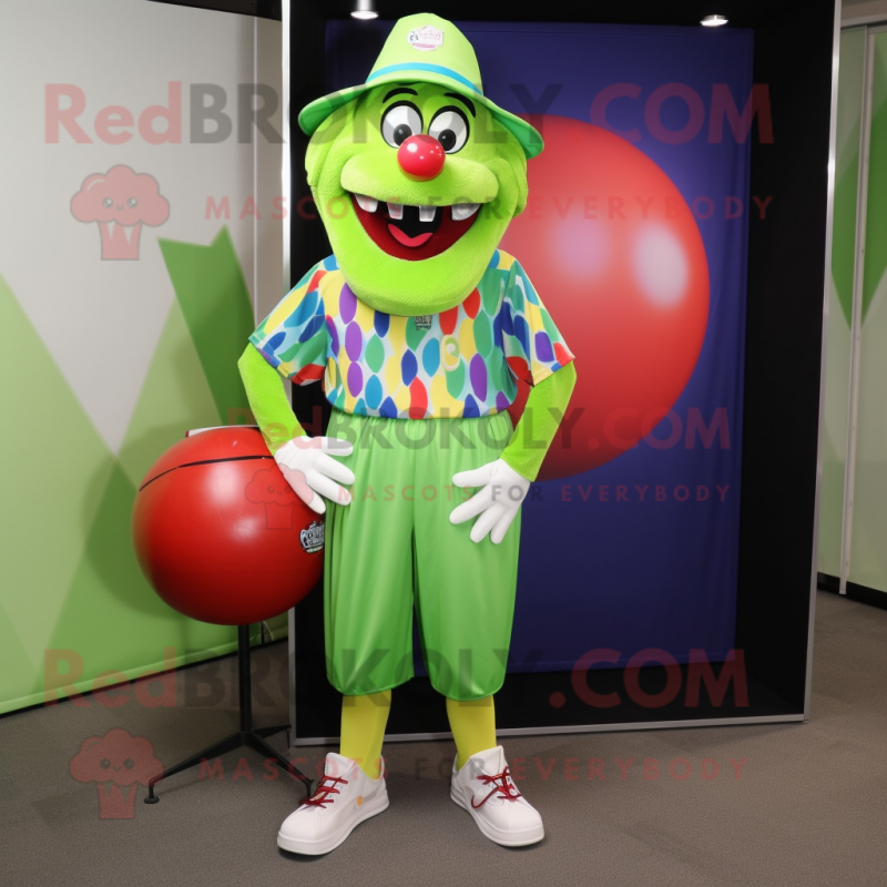 Lime Green Clown mascot costume character dressed with a Bermuda Shorts and Wallets Lime Green Clown mascot costume character dressed with a Bermuda Shorts and Wallets
