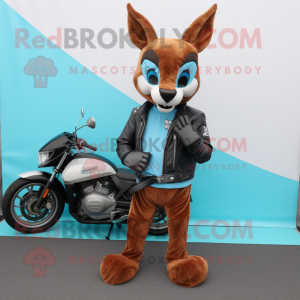 Cyan Roe Deer mascot costume character dressed with a Biker Jacket and Foot pads