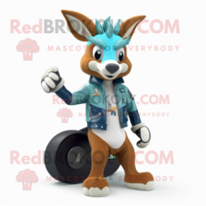 Cyan Roe Deer mascot costume character dressed with a Biker Jacket and Foot pads