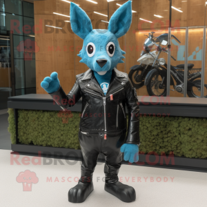 Cyan Roe Deer mascot costume character dressed with a Biker Jacket and Foot pads