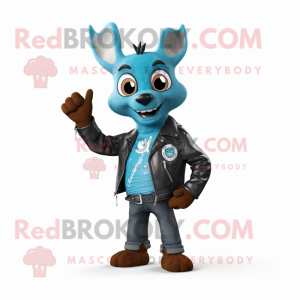 Cyan Roe Deer mascot costume character dressed with a Biker Jacket and Foot pads