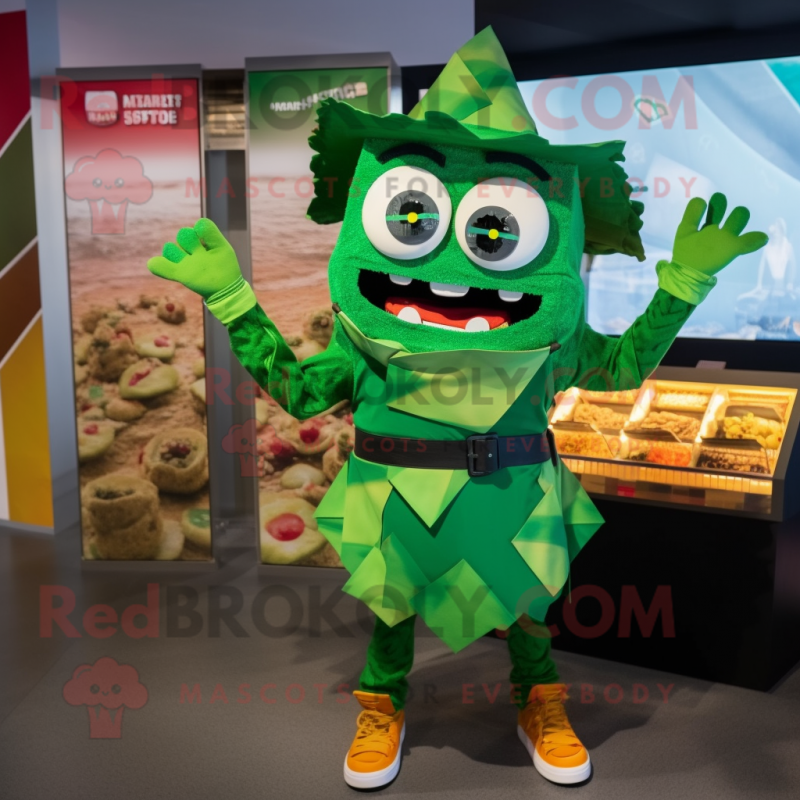 Green Nachos mascot costume character dressed with a Mini Skirt and Suspenders Green Nachos mascot costume character dressed with a Mini Skirt and Suspenders