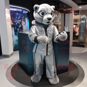 Silver Panther mascot costume character dressed with a Coat and Brooches