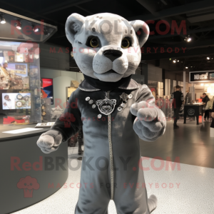 Silver Panther mascot costume character dressed with a Coat and Brooches