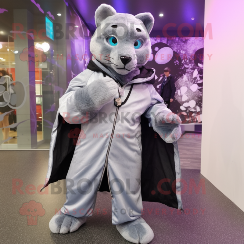 Silver Panther mascot costume character dressed with a Coat and Brooches