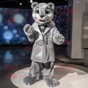 Silver Panther mascot costume character dressed with a Coat and Brooches