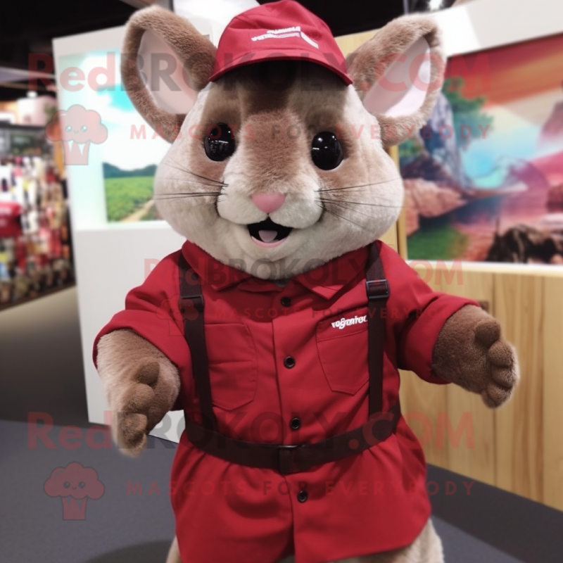 Maroon Chinchilla mascot costume character dressed with a Poplin Shirt and Mittens Maroon Chinchilla mascot costume character dressed with a Poplin Shirt and Mittens
