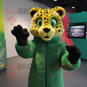 Green Cheetah mascot costume character dressed with a Coat and Mittens