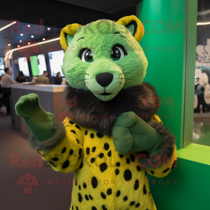 Green Cheetah mascot costume character dressed with a Coat and Mittens Green Cheetah mascot costume character dressed with a Coat and Mittens