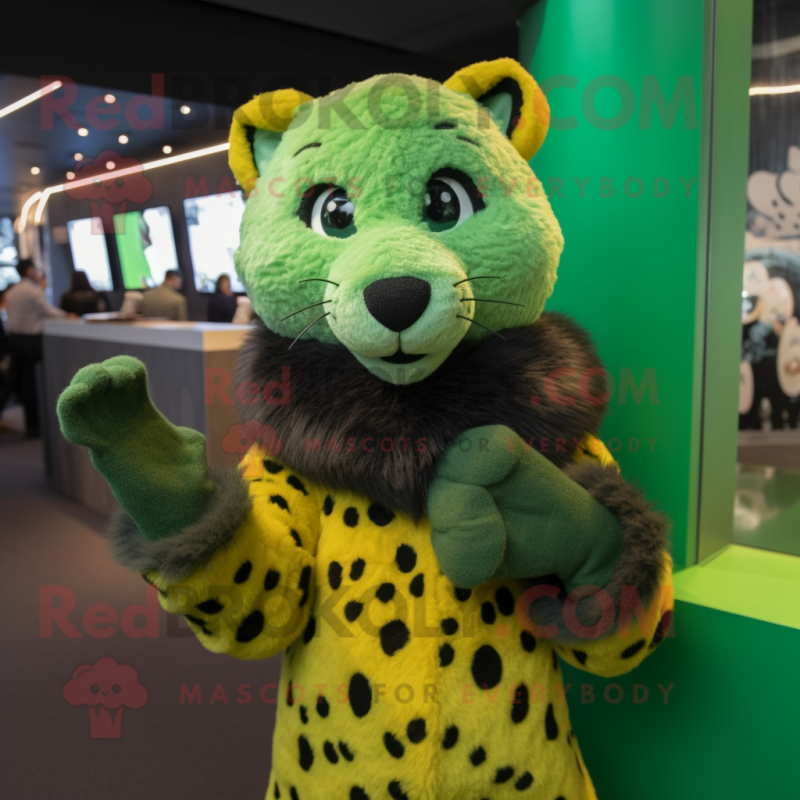 Green Cheetah mascot costume character dressed with a Coat and Mittens