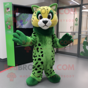 Green Cheetah mascot costume character dressed with a Coat and Mittens