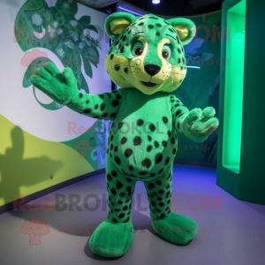 Green Cheetah mascot costume character dressed with a Coat and Mittens