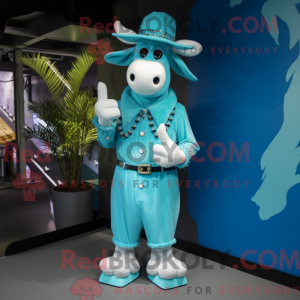 Maskot-karakter av en cyan...