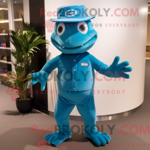 Maskot-karakter av en cyan...