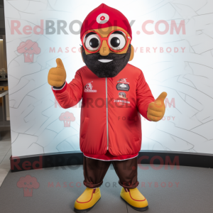 Red Biryani mascot costume character dressed with a Bomber Jacket and Beanies