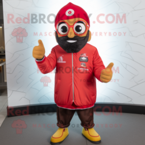 Red Biryani mascot costume character dressed with a Bomber Jacket and Beanies