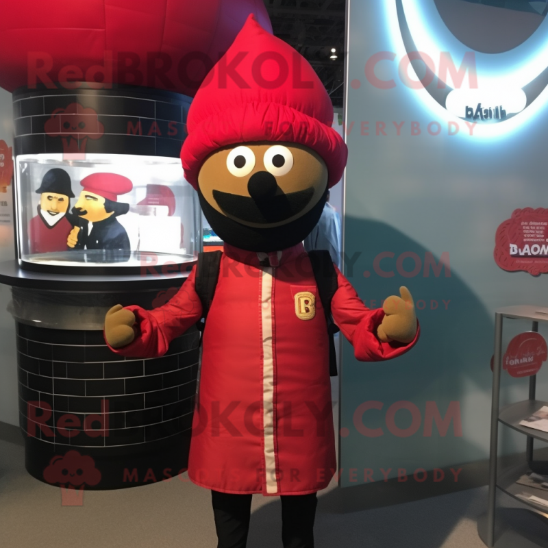 Red Biryani mascot costume character dressed with a Bomber Jacket and Beanies