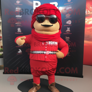 Red Biryani mascot costume character dressed with a Bomber Jacket and Beanies