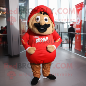 Red Biryani mascot costume character dressed with a Bomber Jacket and Beanies