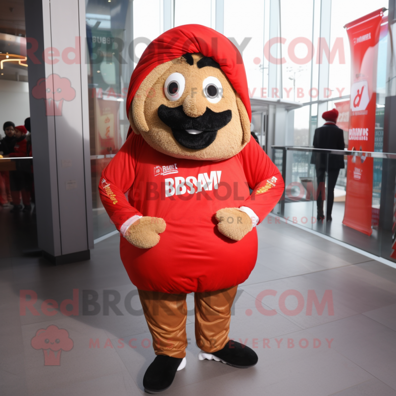 Red Biryani mascot costume character dressed with a Bomber Jacket and Beanies Red Biryani mascot costume character dressed with a Bomber Jacket and Beanies
