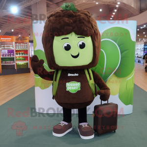 Brown Broccoli mascot costume character dressed with a T-Shirt and Briefcases