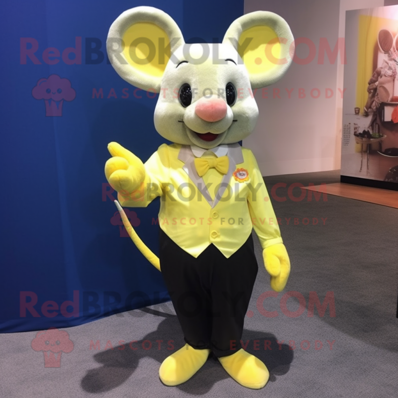 Lemon Yellow Mouse mascot costume character dressed with a Evening Gown and Tie pins