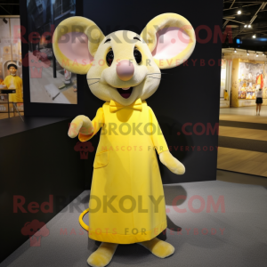 Lemon Yellow Mouse mascot costume character dressed with a Evening Gown and Tie pins