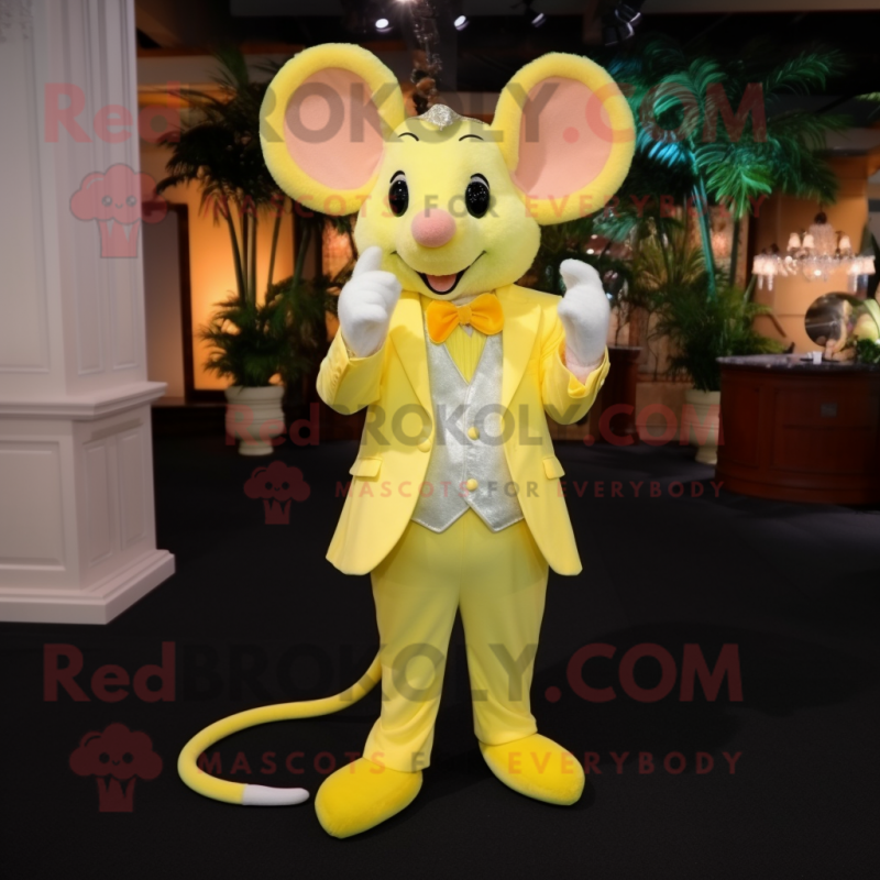 Lemon Yellow Mouse mascot costume character dressed with a Evening Gown and Tie pins