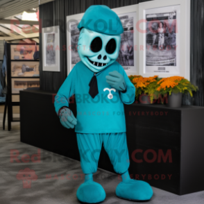 Teal Graveyard mascot costume character dressed with a Capri Pants and Gloves