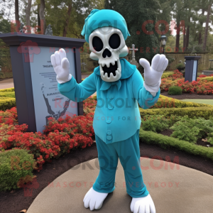 Teal Graveyard mascot costume character dressed with a Capri Pants and Gloves