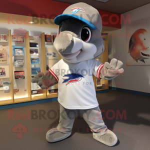 Gray Dolphin mascot costume character dressed with a Shorts and Caps