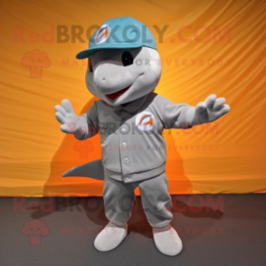 Gray Dolphin mascot costume character dressed with a Shorts and Caps