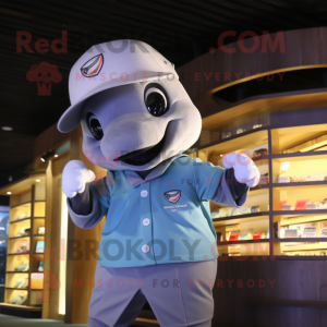 Gray Dolphin mascot costume character dressed with a Shorts and Caps