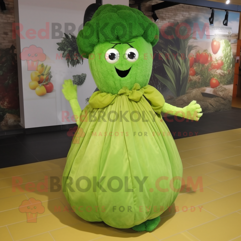 Olive Cauliflower mascot costume character dressed with a Ball Gown and Shoe laces Olive Cauliflower mascot costume character dressed with a Ball Gown and Shoe laces