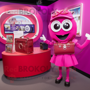 Magenta Camera mascot costume character dressed with a A-Line Skirt and Handbags