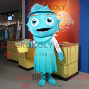 Maskot-karakter af en cyan...