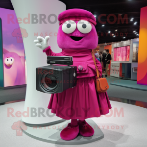 Magenta Camera mascot costume character dressed with a A-Line Skirt and Handbags