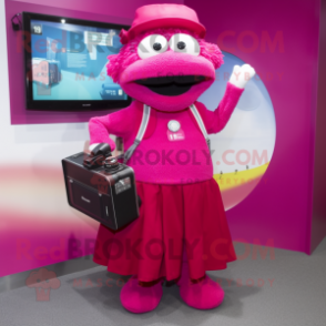 Magenta Camera mascot costume character dressed with a A-Line Skirt and Handbags