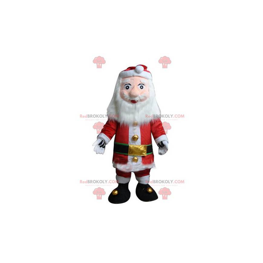 Mascote do Papai Noel vestido de vermelho e branco com barba -