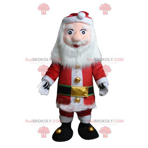 Mascote do Papai Noel vestido de vermelho e branco com barba -