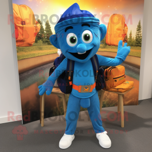 Blue Tikka Masala mascot costume character dressed with a Jeggings and Backpacks