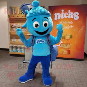 Blue Tikka Masala mascot costume character dressed with a Jeggings and Backpacks