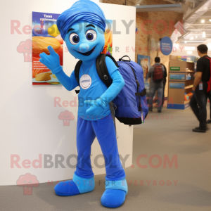 Blue Tikka Masala mascot costume character dressed with a Jeggings and Backpacks